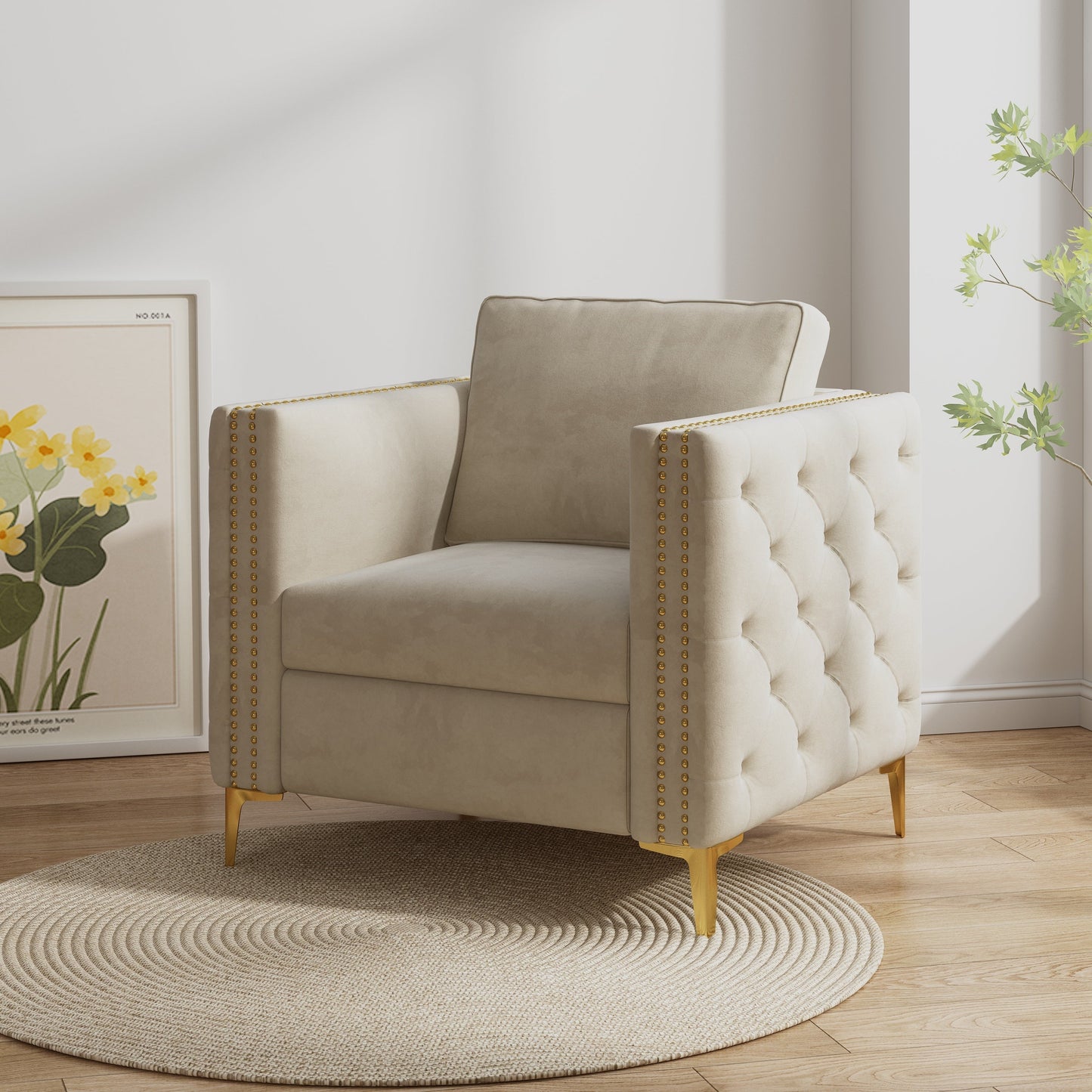 Stylish Beige Velvet Accent Chair – Comfortable Seating with Gold Metal Legs for Living Room & Bedroom