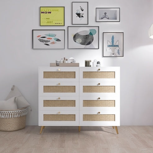 White 8-Drawer Rattan Dresser with Gold Handles