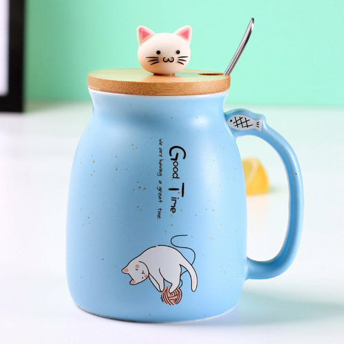 Adorable Cat Ceramic Mug – 450ml in Pink, Yellow, or Blue