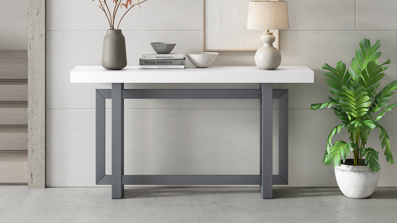 Contemporary Extra Long Dark Grey & White Console Table with Wood Top – Perfect for Entryways and Living Room