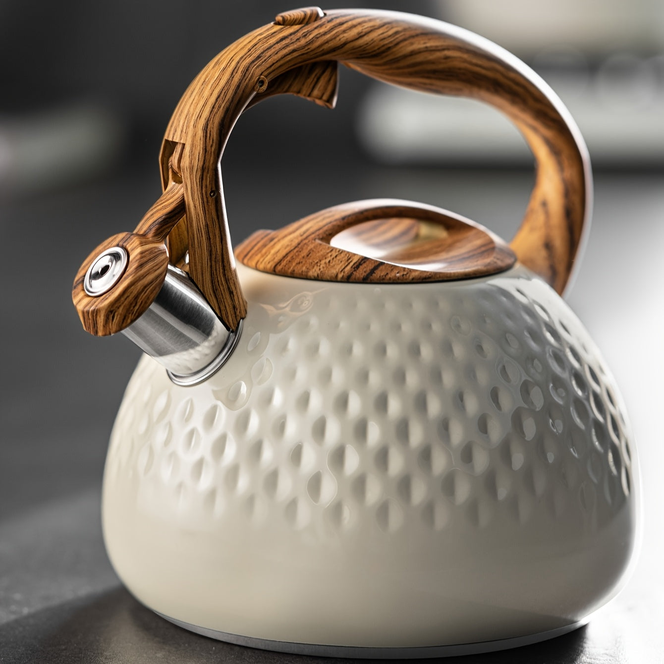 3L Stainless Steel Whistling Kettle - Creamy White with Wood Grain