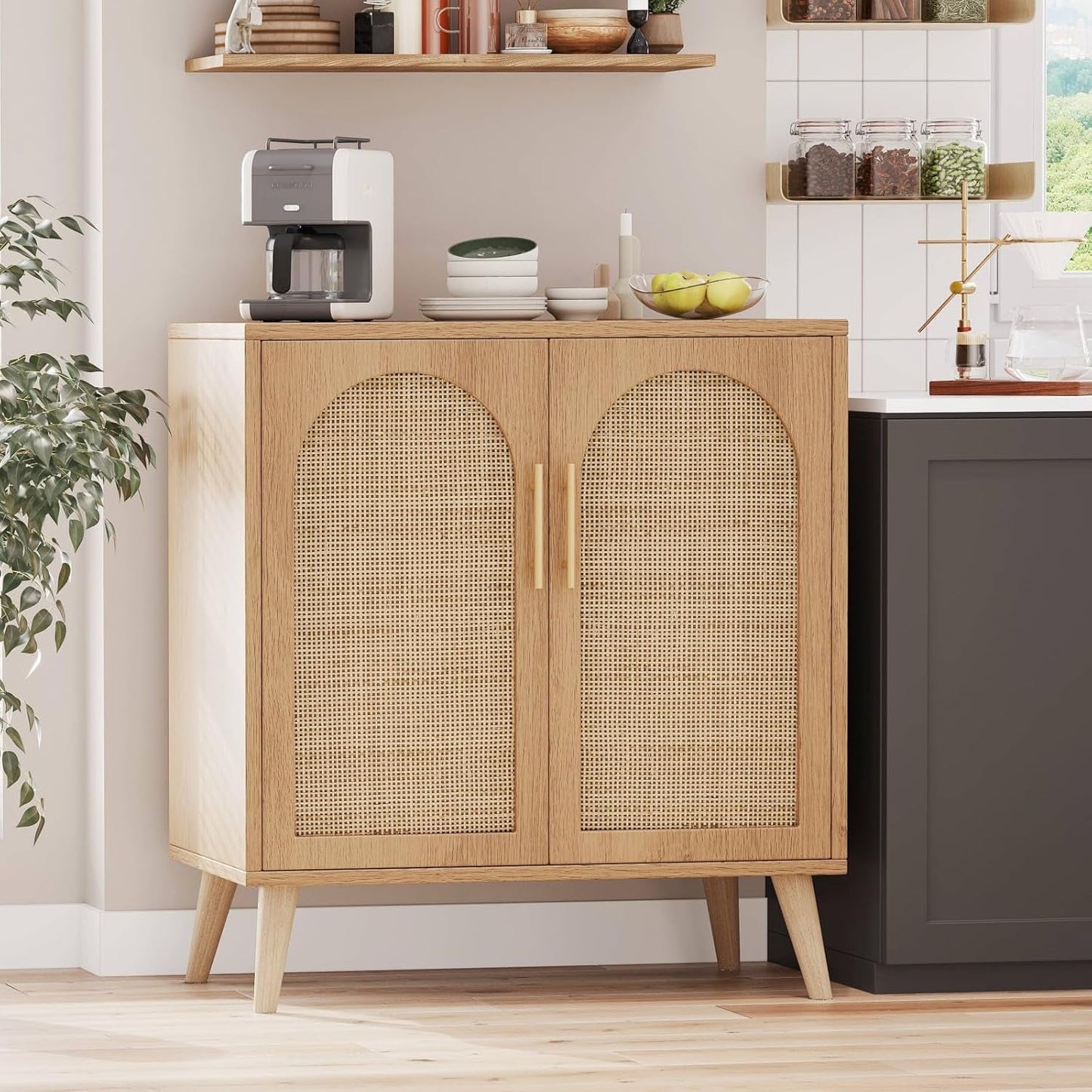 Rattan Storage Cabinet with Doors, Accent Bathroom Floor Cabinet,