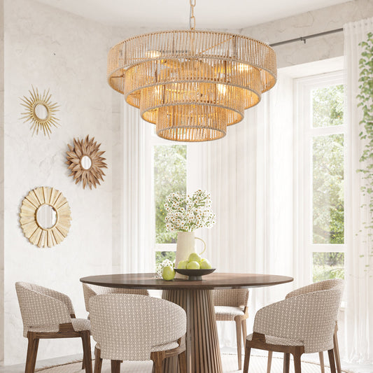 Farmhouse Rattan Chandelier – 6-Light Woven Wicker Pendant Light, Adjustable Hanging Chain, Natural Wood & Iron Finish
