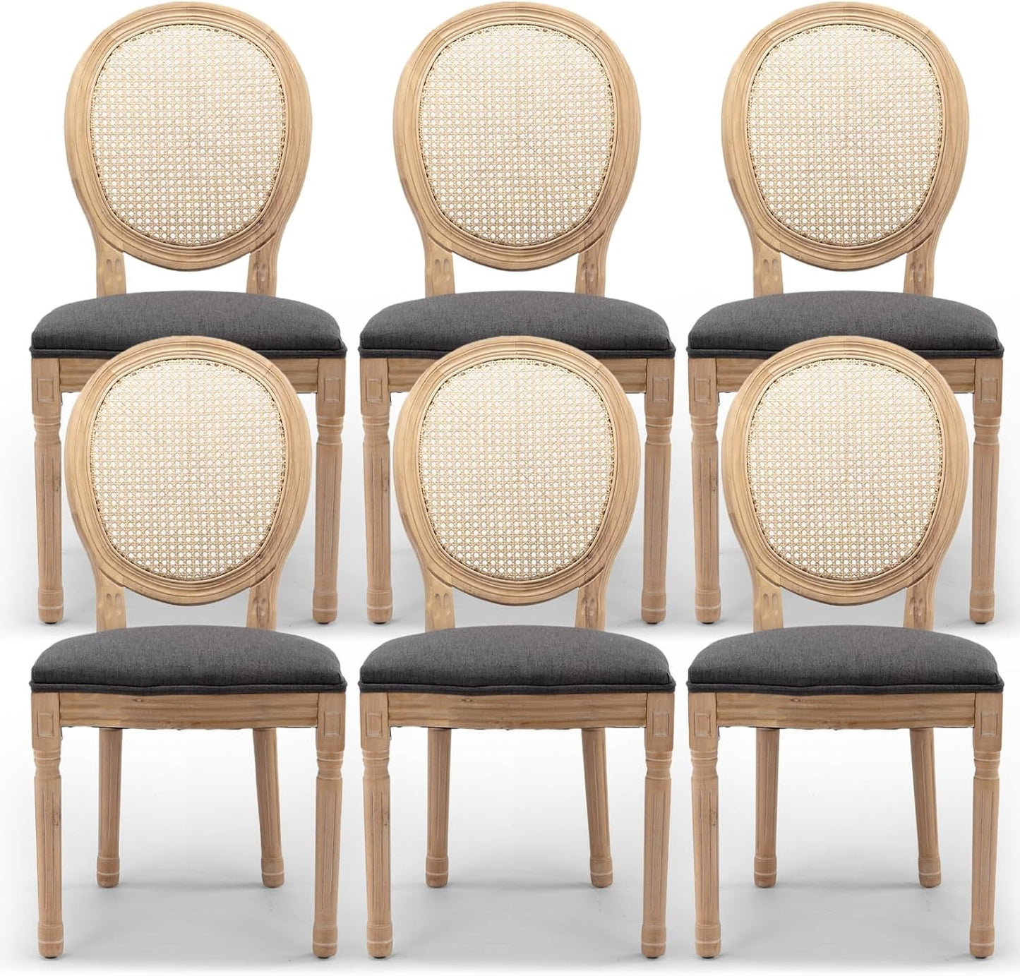 Rattan Back Upholstered Dining Chairs Set of 6 French Country Oval