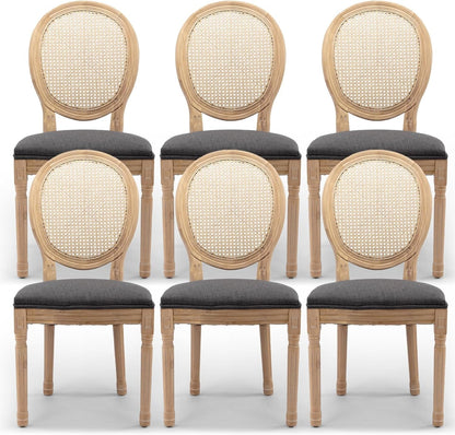 Rattan Back Upholstered Dining Chairs Set of 6 French Country Oval