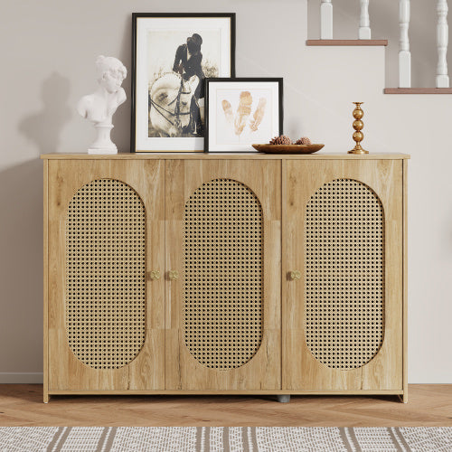 Vintage 3-door Sideboard With Large Storage Faux Rattan Doors And