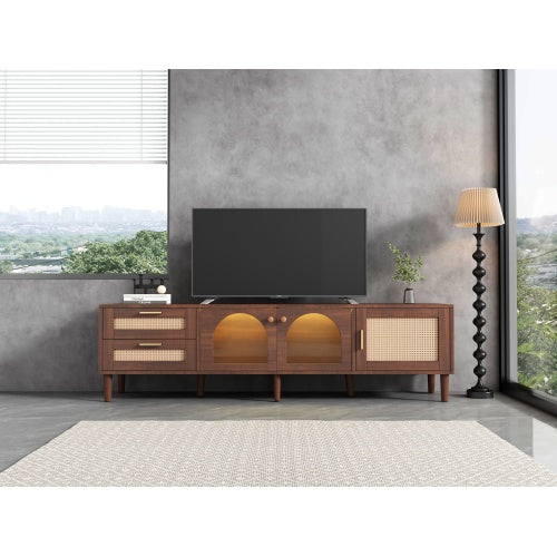 Rattan TV Stand With 3 Cabinets 2 Drawers, Rattan-inspired Media