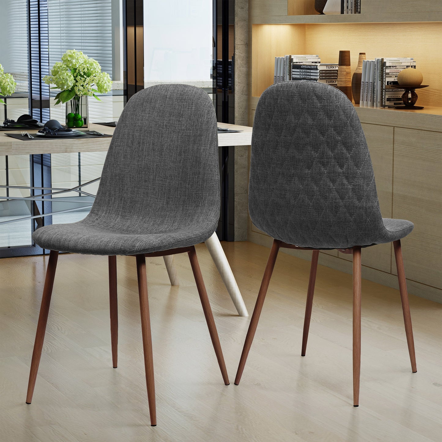Set of 2 Modern Dining Chairs with Solid Back – Light Gray Upholstered Seats & Walnut Finish Iron Legs