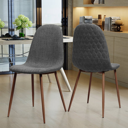 Set of 2 Modern Dining Chairs with Solid Back – Light Gray Upholstered Seats & Walnut Finish Iron Legs