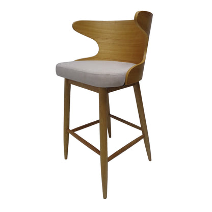 Set of 2 Mid-Century Modern Upholstered Barstools – Light Beige Fabric with Rubberwood Legs