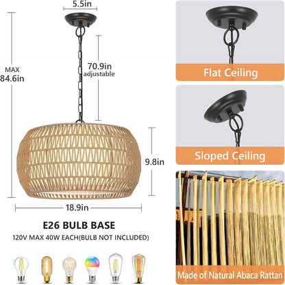 Rattan Farmhouse Chandelier Light Fixtures, 5-Lights Boho Large