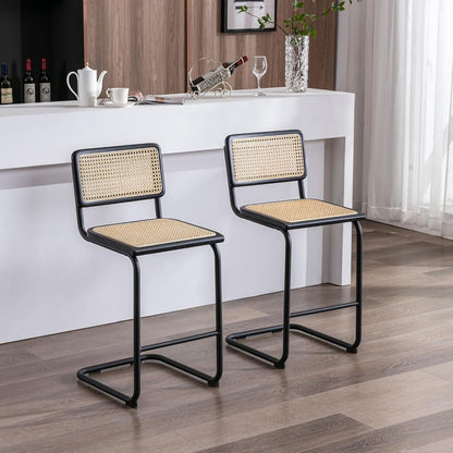 Rattan Bar Stools Set of 4, 24 Inch Modern Counter Stools with Cane