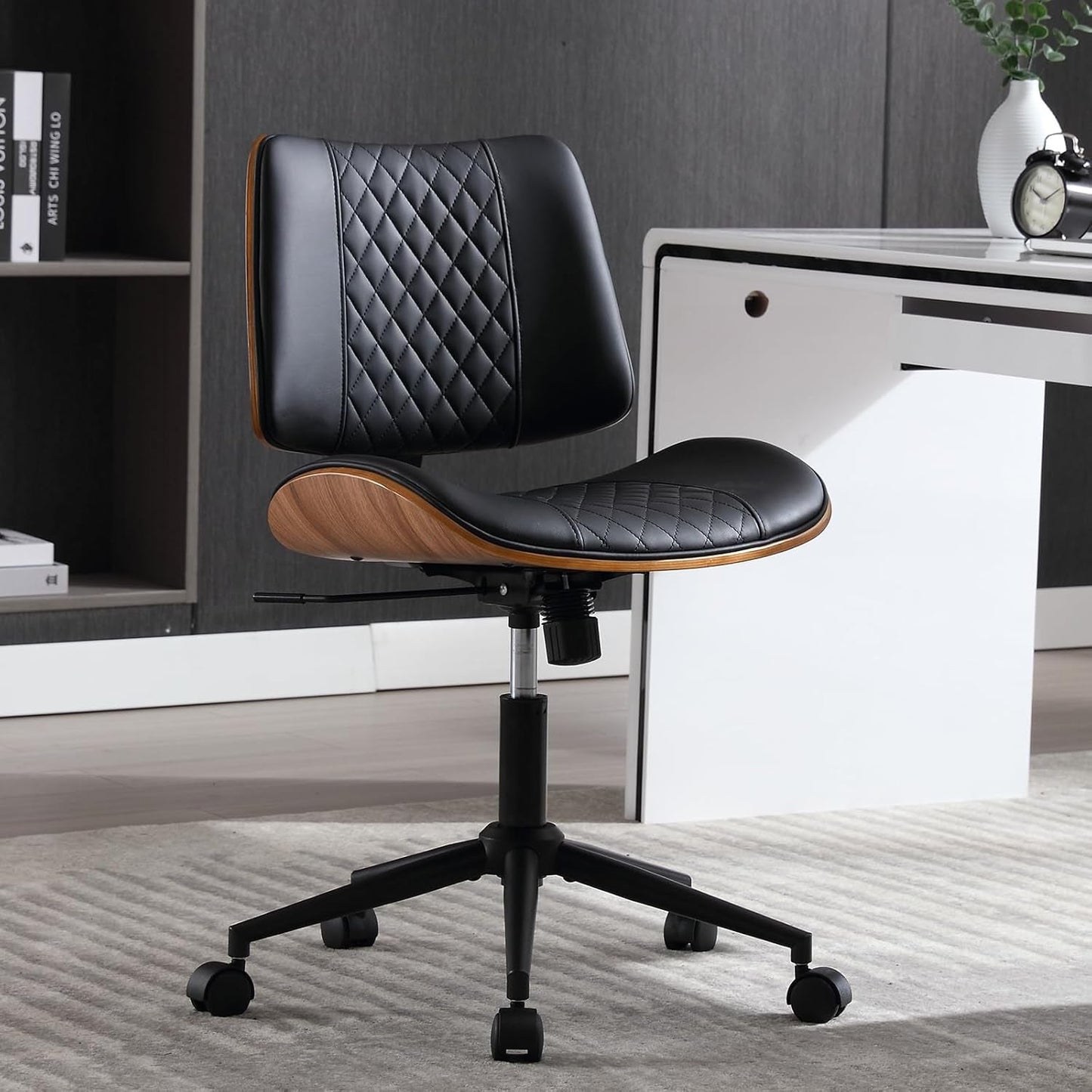 Home Office Chair No Arms with Wheels, Adjustable Height Small Desk