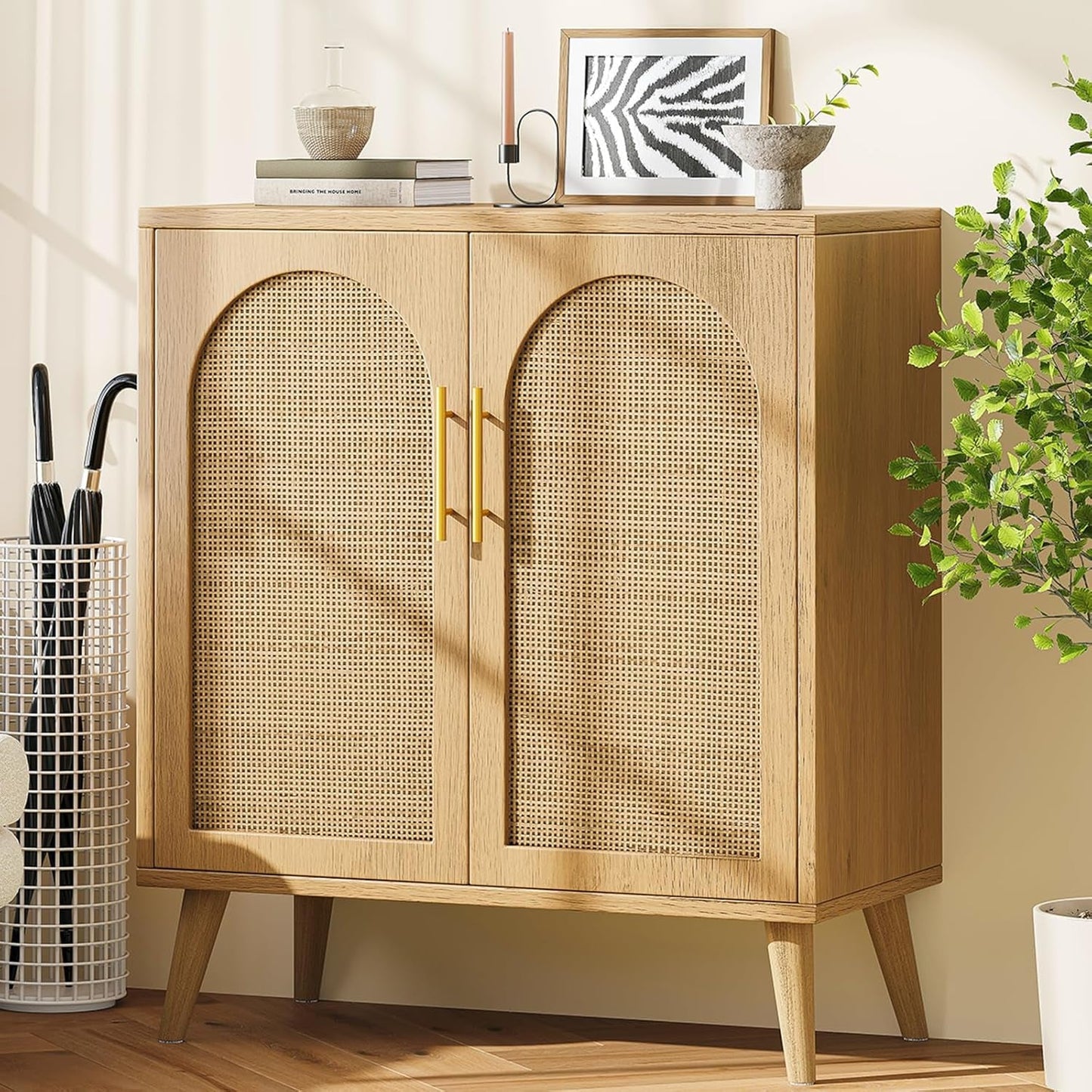 Rattan Storage Cabinet with Doors, Accent Bathroom Floor Cabinet,