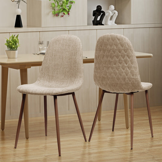 Set of 2 Wheat Fabric Dining Chairs – Upholstered Polyester Seats with Dark Walnut Finish Iron Legs