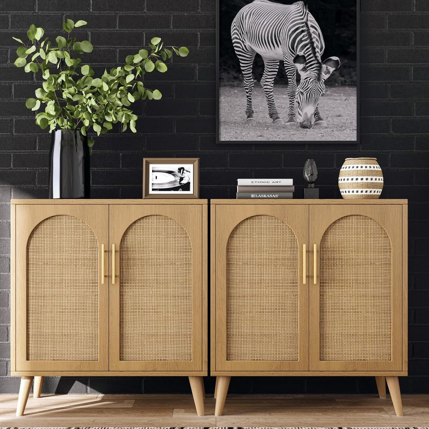 Rattan Storage Cabinet with Doors, Accent Bathroom Floor Cabinet,