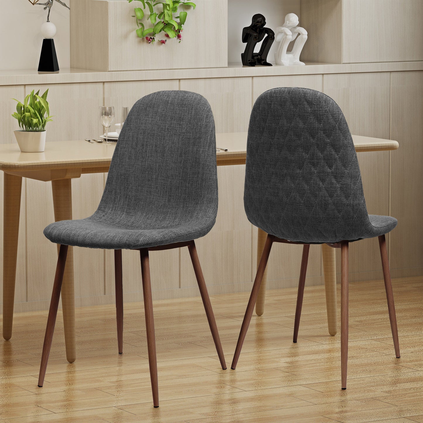 Set of 2 Modern Dining Chairs with Solid Back – Light Gray Upholstered Seats & Walnut Finish Iron Legs