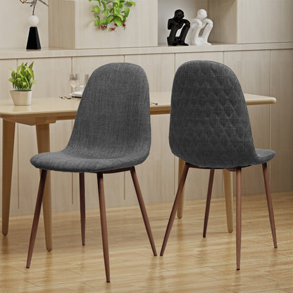 Set of 2 Modern Dining Chairs with Solid Back – Light Gray Upholstered Seats & Walnut Finish Iron Legs