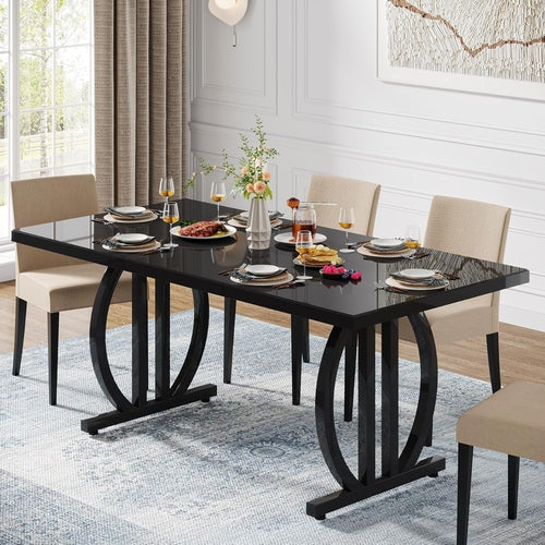 Black Dining Table for 4 to 6 People, 63-Inch Rectangular Dining Room