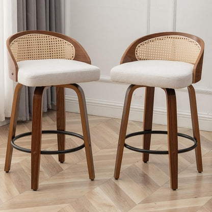 25" Swivel Rattan Bar Stools Set of 2,Mid-Century Modern Beige Linen