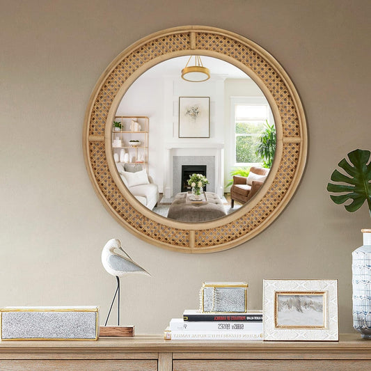 24-Inch Round Rattan Wall Mirror with Wooden Frame - Modern Boho Decor