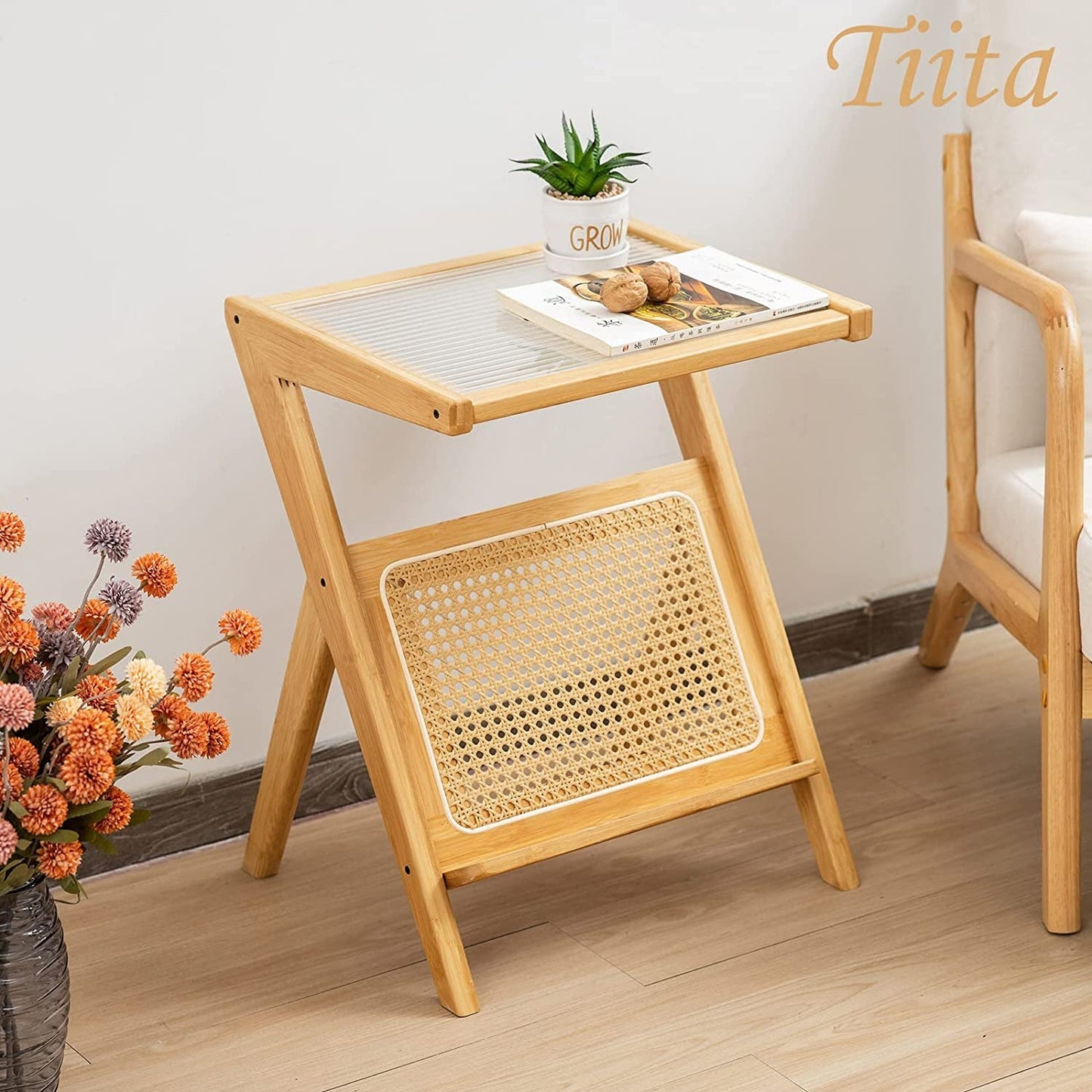 Boho Rattan Bedside Table with Storage, Glass Top