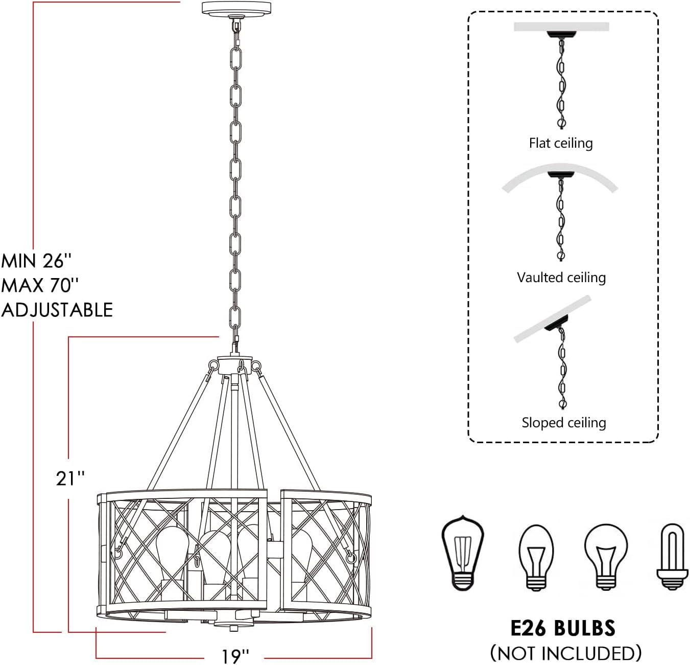 D19'' Farmhouse Chandelier for Dining Room, 4-Light Adjustable Kitchen