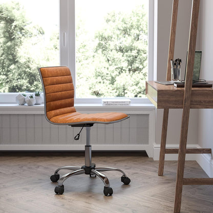 Alan Office Task Chair - Brown Vinyl - Chrome Frame - Armless - Ribbed