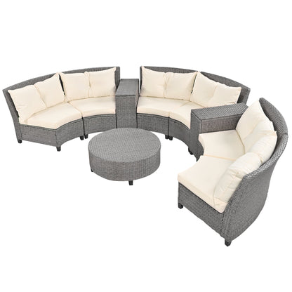 6 - Person Fan-shaped Rattan Suit Combination with Cushions and