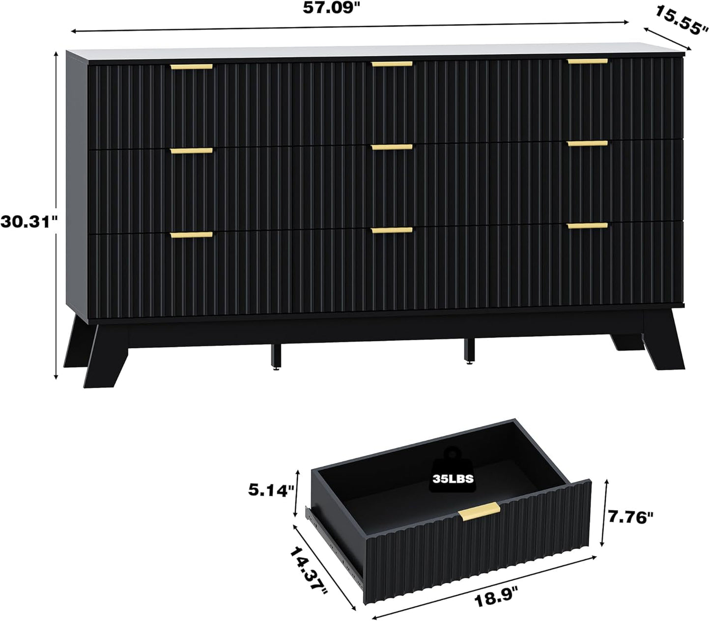 Fluted Dresser for Bedroom with 9 Drawers, 57" Black Dresser & Chest