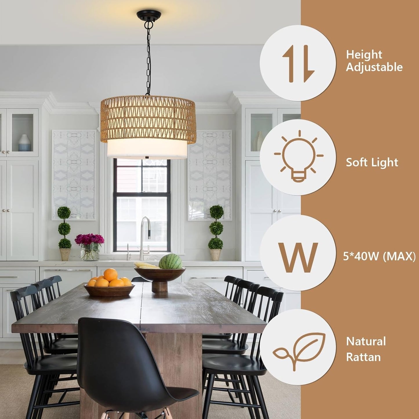 Farmhouse Chandeliers for Dining Room,5-Light Rattan Boho Chandelier