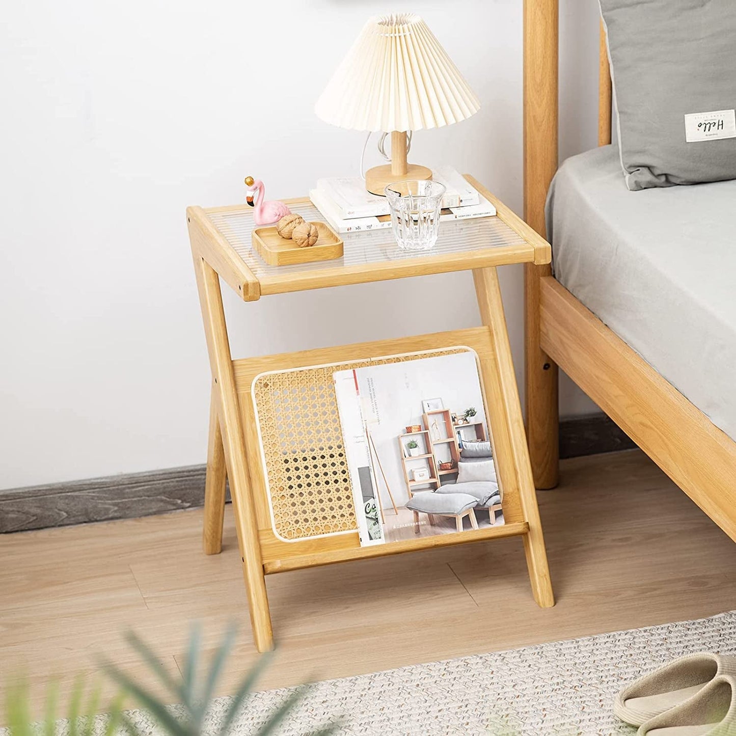 Boho Rattan Bedside Table with Storage, Glass Top