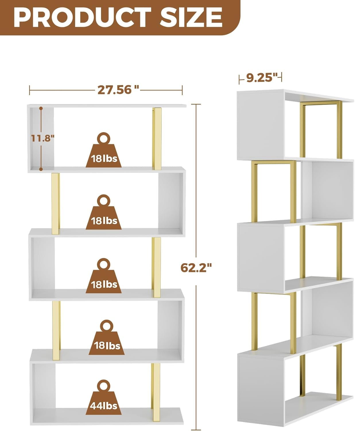 5 Tier Geometric Bookcase,S Shaped Bookshelf, Wood Decorative Storage