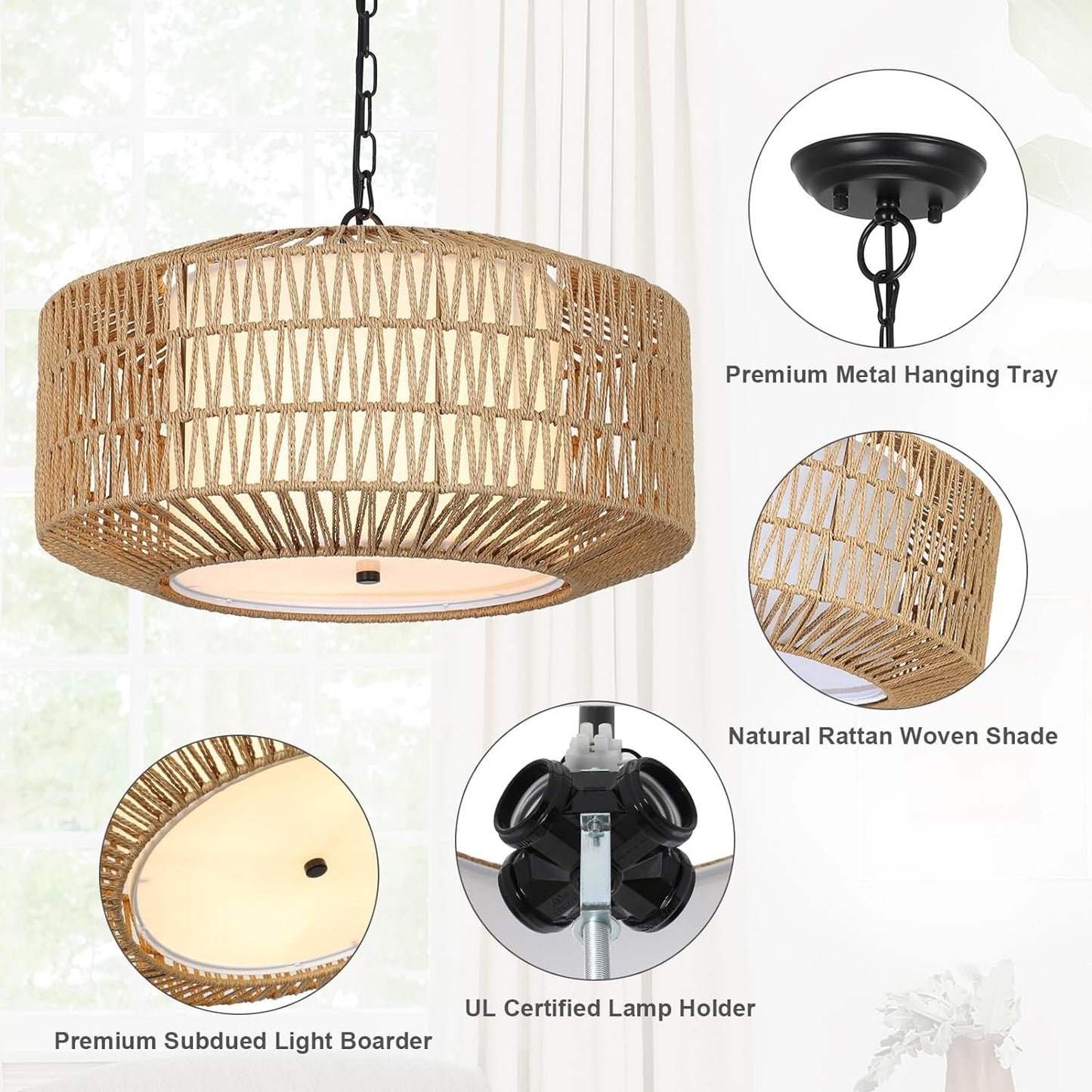 Farmhouse Chandelier Light Fixture,4-Light Rattan Boho Chandeliers for