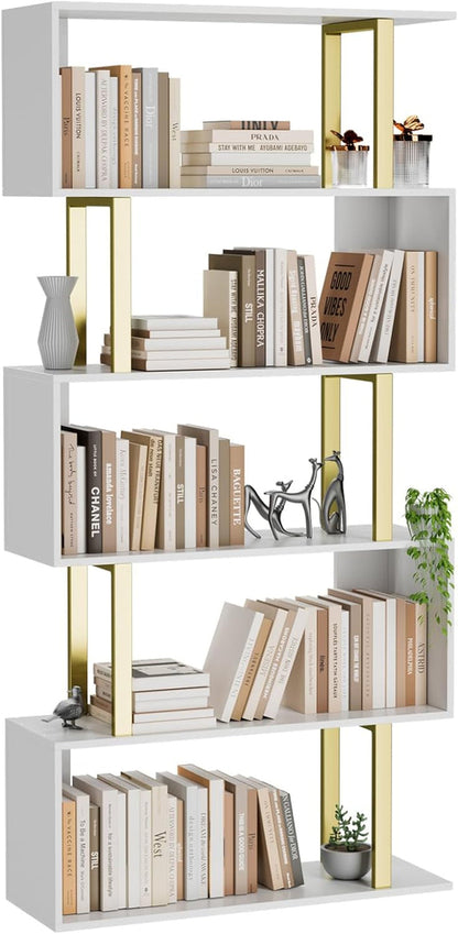 5 Tier Geometric Bookcase,S Shaped Bookshelf, Wood Decorative Storage