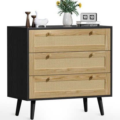 3 Drawer Rattan Dresser for Bedroom, Modern Wooden Dresser Chest with