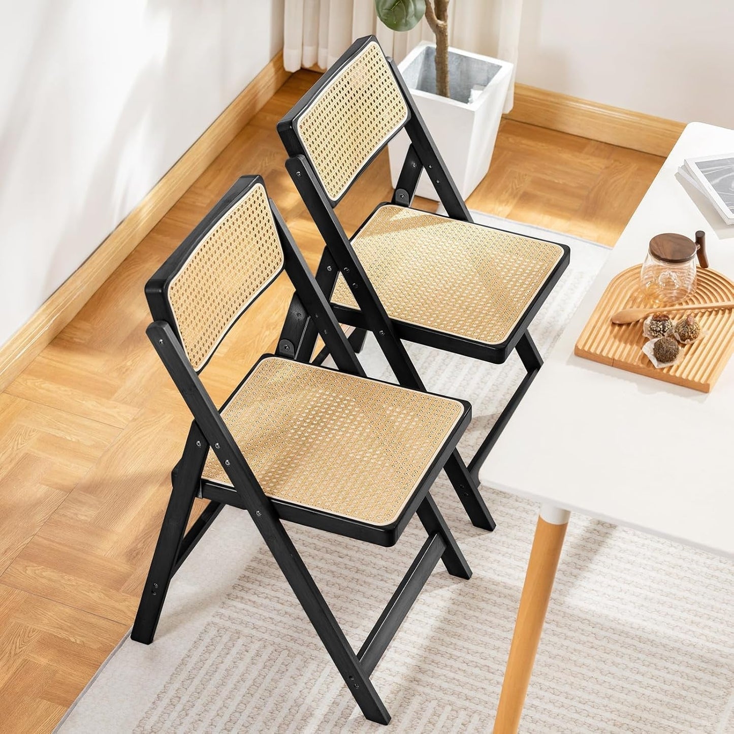 Rattan Folding Chairs, Modern Mid Century Dining Chairs Set of 2,