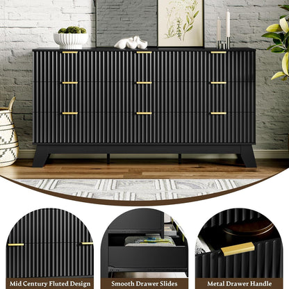 Fluted Dresser for Bedroom with 9 Drawers, 57" Black Dresser & Chest