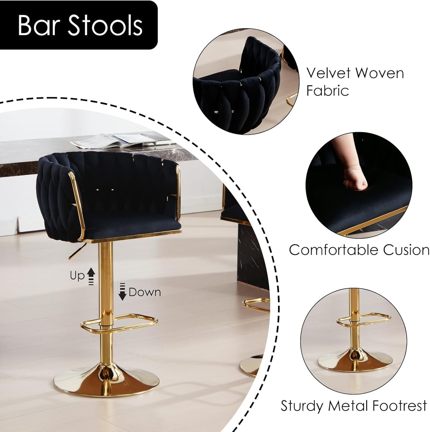 Velvet Luxury Barstools Set of 4, Swivel Adjustable Bar Height Stools