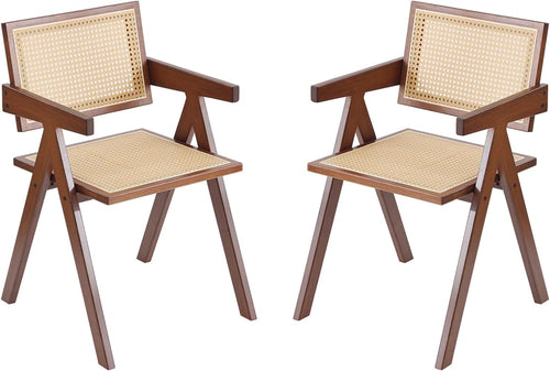 Rattan Dining Chairs Set of 2, Mid Century Modern Armchairs, Wooden