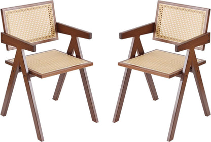 Rattan Dining Chairs Set of 2, Mid Century Modern Armchairs, Wooden