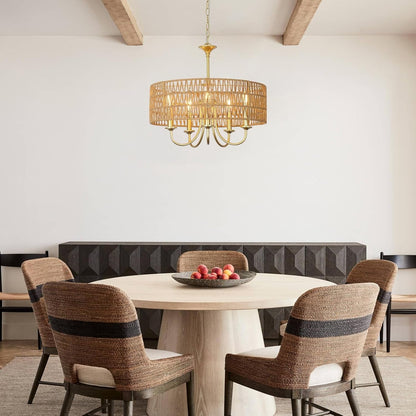 Gold Chandelier Light Fixtures, 5-Light Large Boho Rattan Pendant