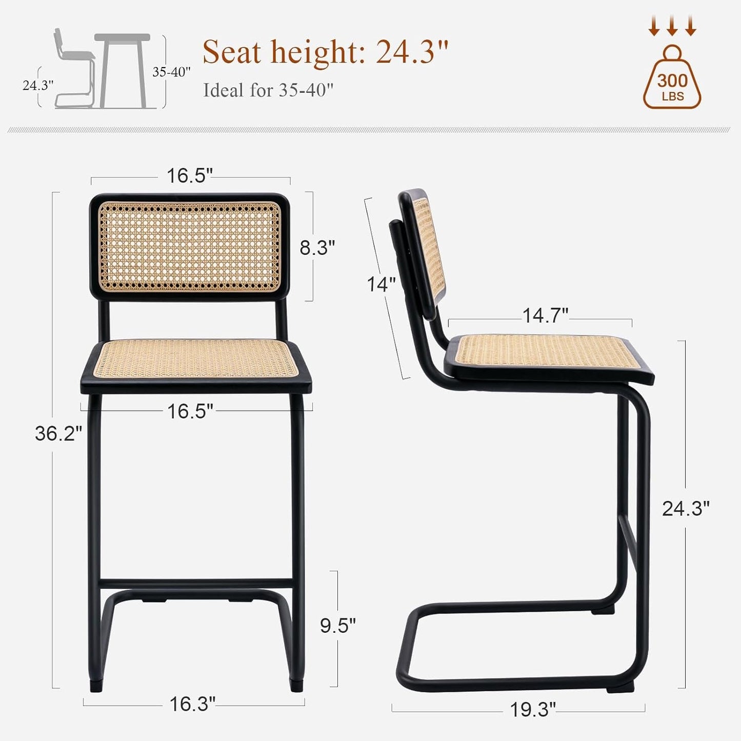 Rattan Bar Stools Set of 4, 24 Inch Modern Counter Stools with Cane