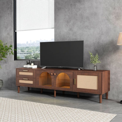 Rattan TV Stand With 3 Cabinets 2 Drawers, Rattan-inspired Media