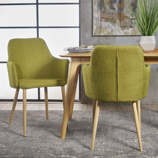 Set of 2 Mid-Century Modern Fabric Dining Chairs – Green Upholstery with Walnut Finish Legs