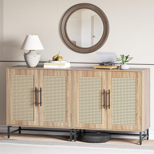 Storage Cabinet with Handmade Natural Rattan Doors, Rattan Buffet