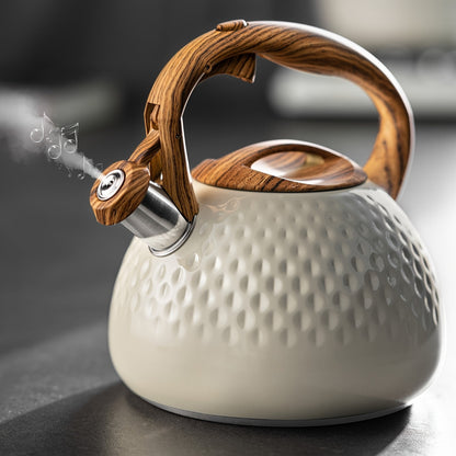 3L Stainless Steel Whistling Kettle - Creamy White with Wood Grain