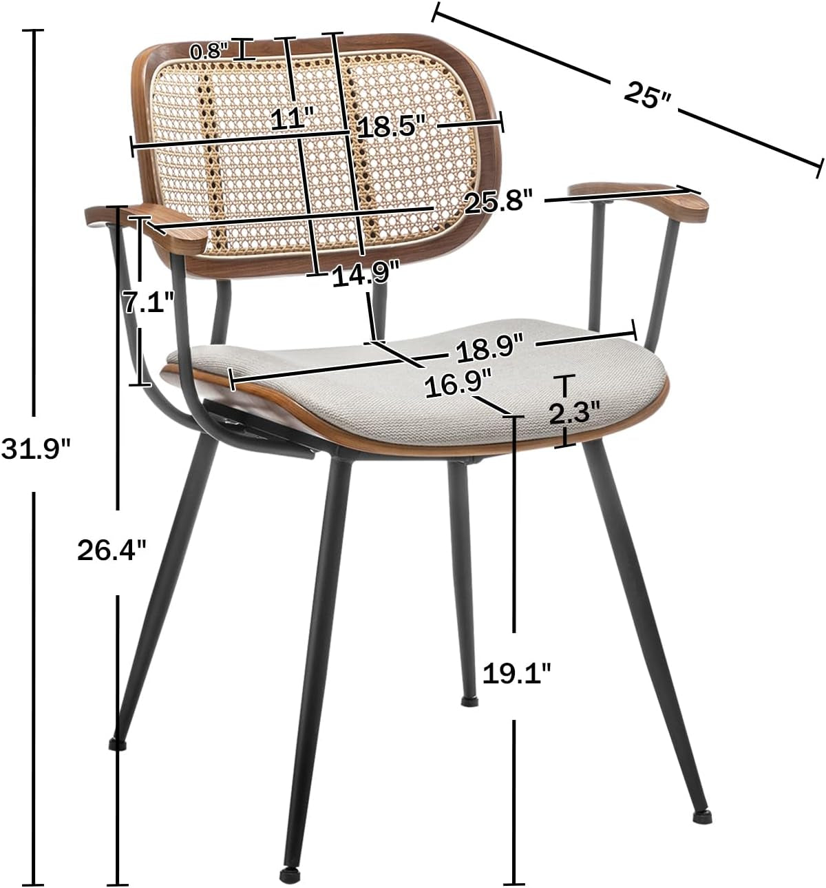 Rattan Dining Room Chairs Set of 2,Mid Century Modern Kitchen Side