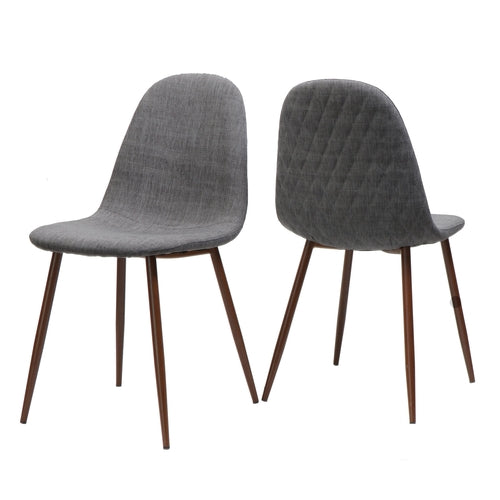 Set of 2 Modern Dining Chairs with Solid Back – Light Gray Upholstered Seats & Walnut Finish Iron Legs