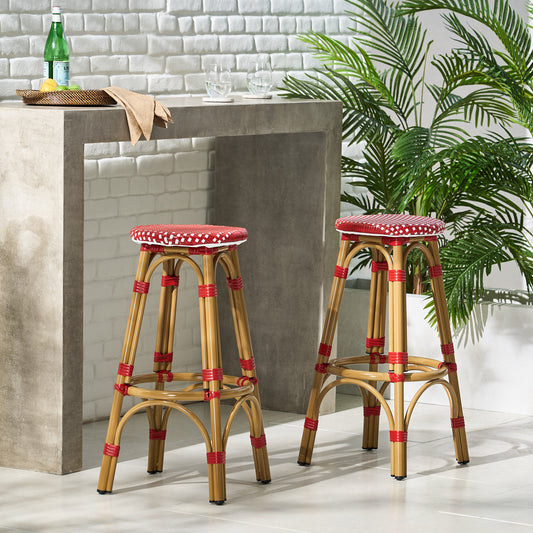 Set of 2 French Bistro Outdoor Bar Stools – Red Wicker & Aluminum Counter Chairs, Weather-Resistant, Rust-Proof Frame